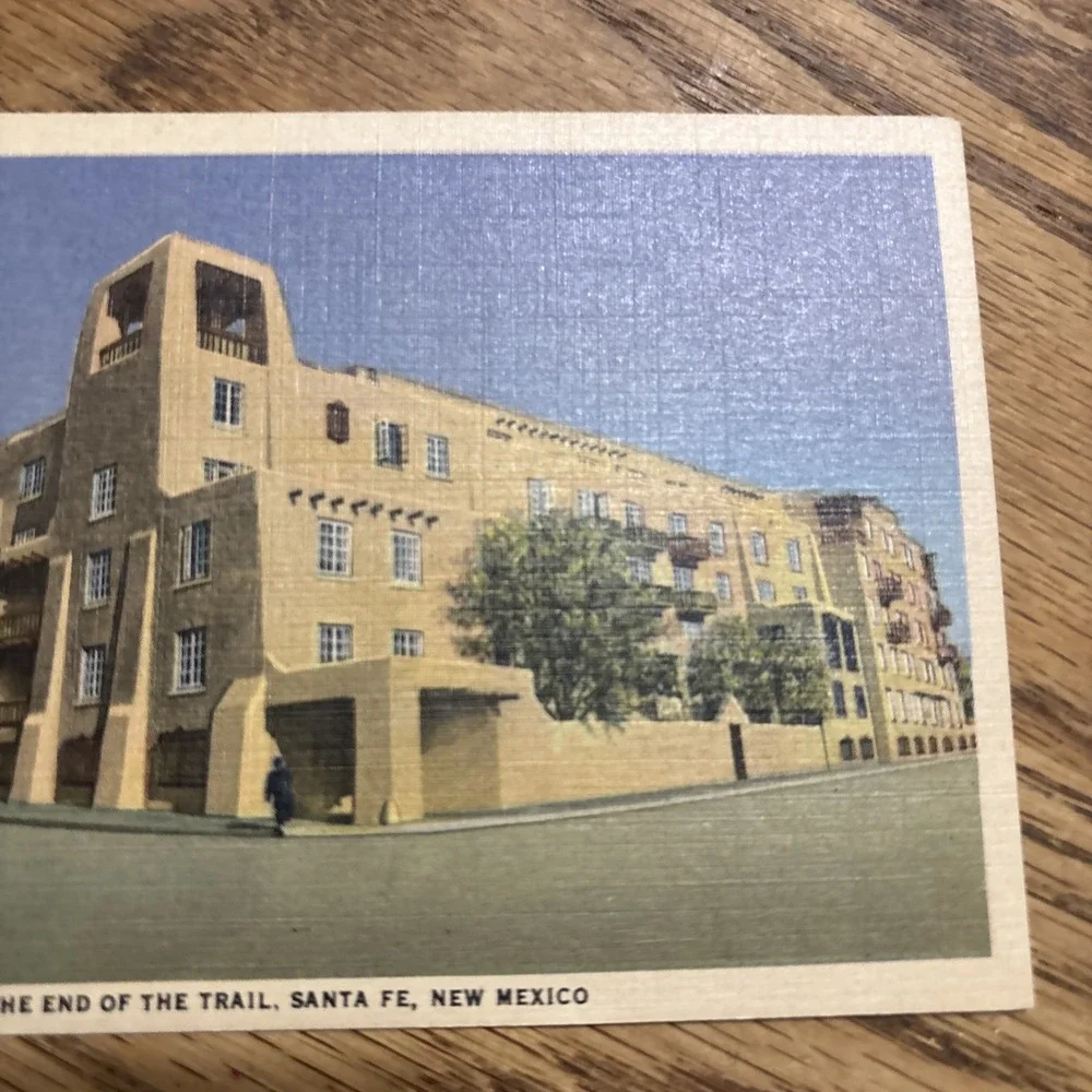 Santa Fe New Mexico La Fonda Hotel Harvey roadside 1951 Postcard autos 21-8815